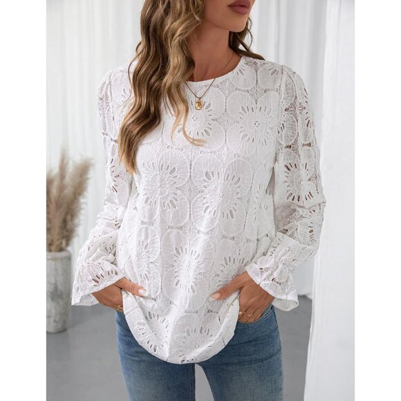 Lace Long Sleeve Top Womens Crewneck Eyelet Blouse Dressy Casual Plus Size - Picture 3 of 5